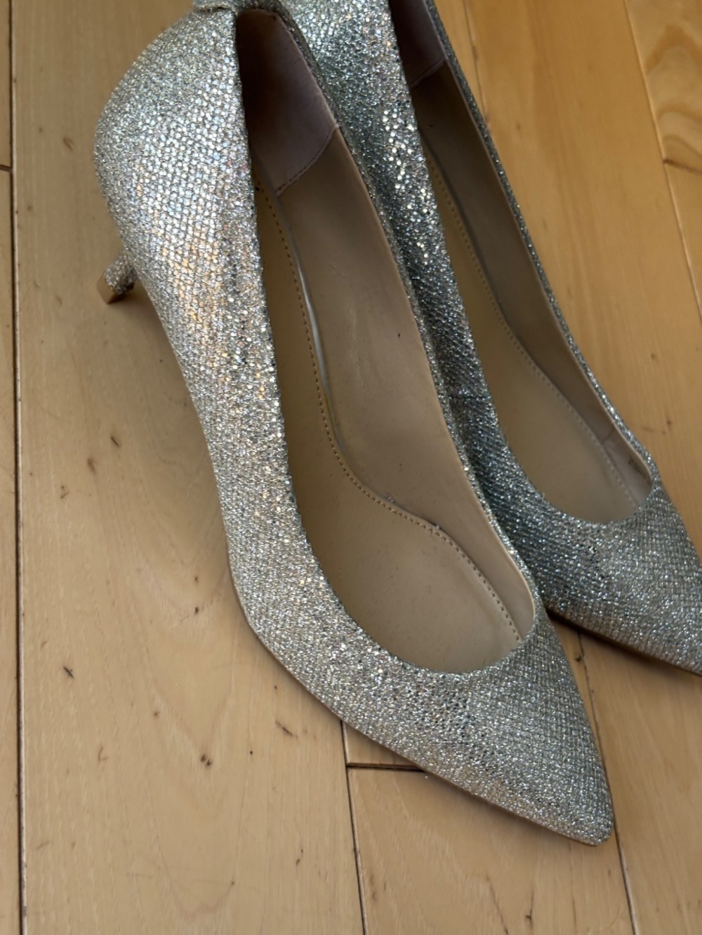 MICHAEL Michael Kors Alina Flex Glitter Mesh Kitten Heels/Pumps, Silver, 8.5